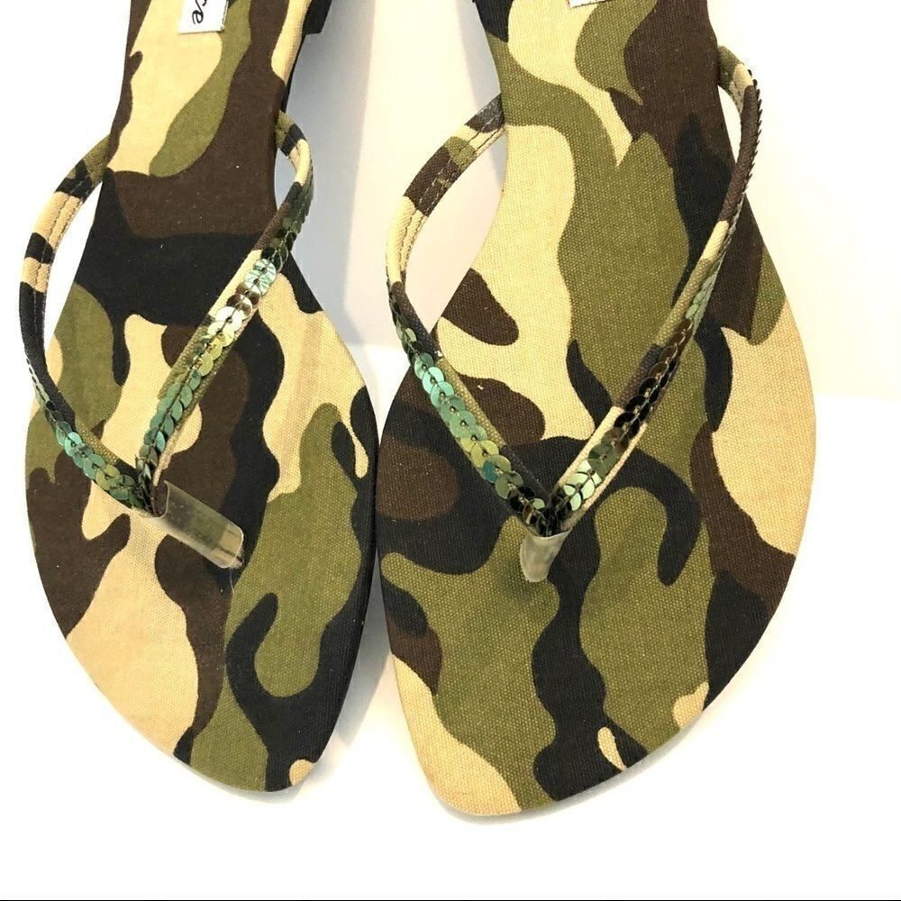 Camouflage camo green olive sequin sandals thongs NEW NIB NWT flip flops 6.5 - Picture 7 of 12